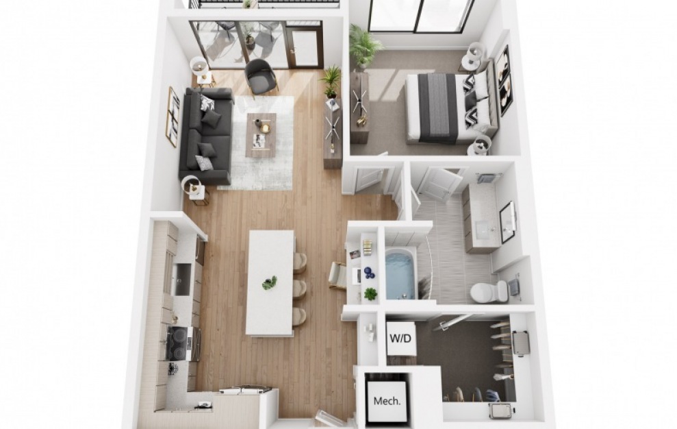 1BR B  - 1 bedroom floorplan layout with 1 bath and 733 to 741 square feet.