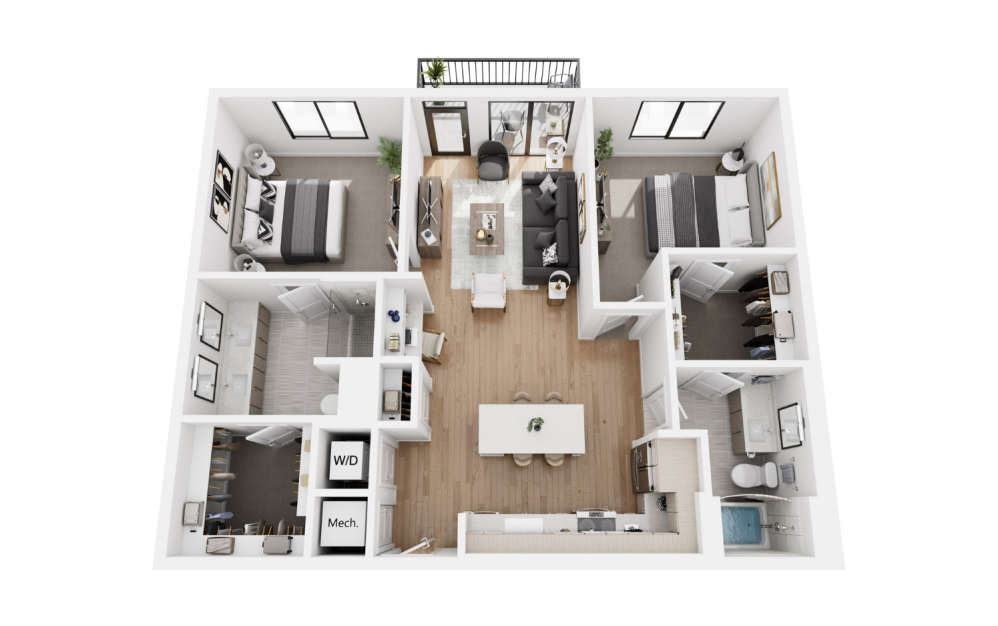 2BR C  - 2 bedroom floorplan layout with 2 bathrooms and 1190 square feet