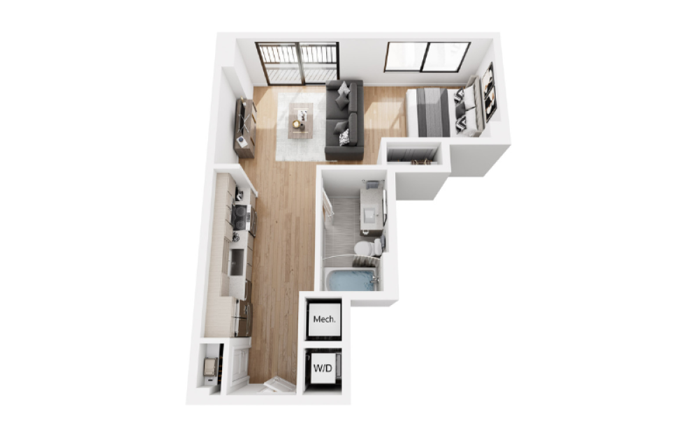 ST 1  - Studio floorplan layout with 1 bathroom and 593 - 628 square feet