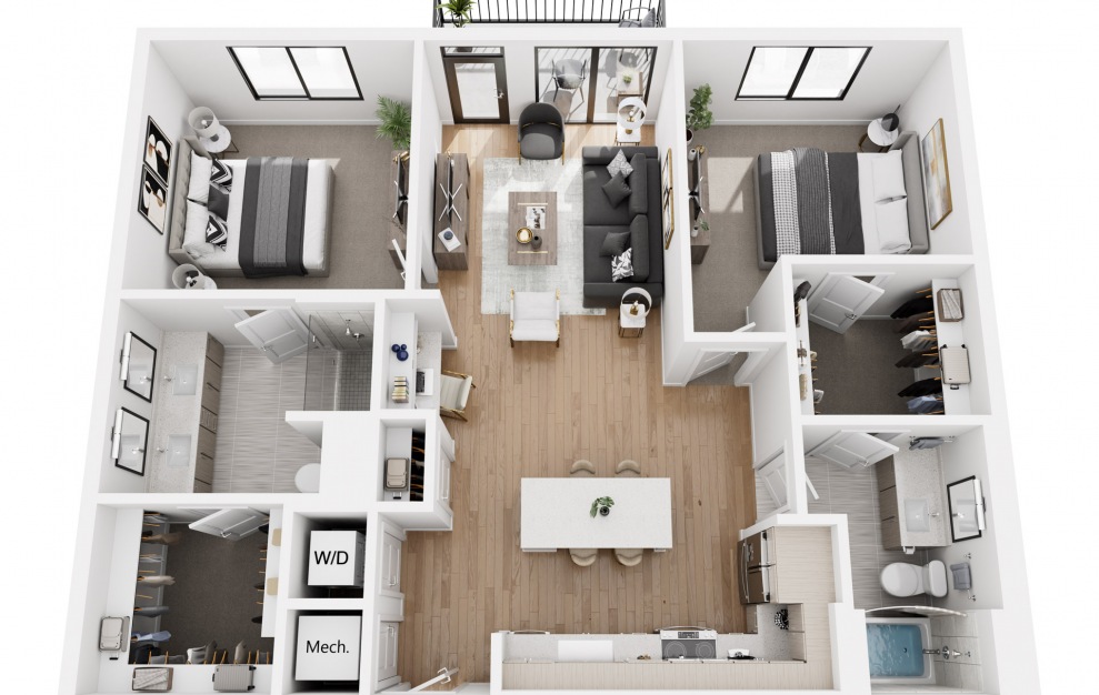 2BR C - 2 bedroom floorplan layout with 2 baths and 1190 square feet.