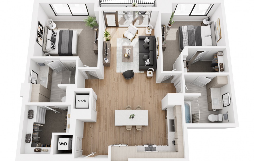 2BR B - 2 bedroom floorplan layout with 2 baths and 1172 square feet.