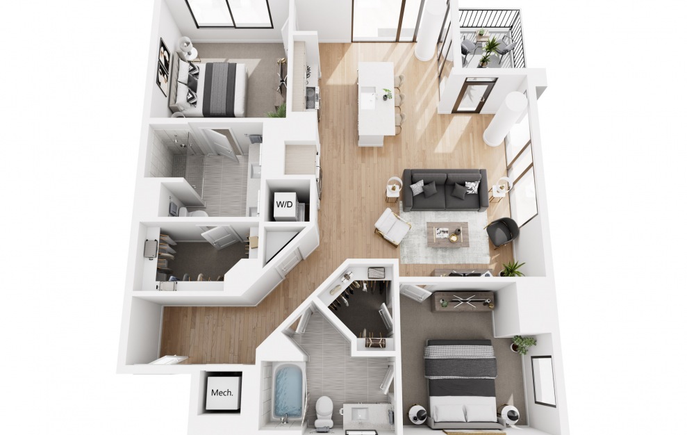 2BR  1  - 2 bedroom floorplan layout with 2 baths and 1320 square feet.