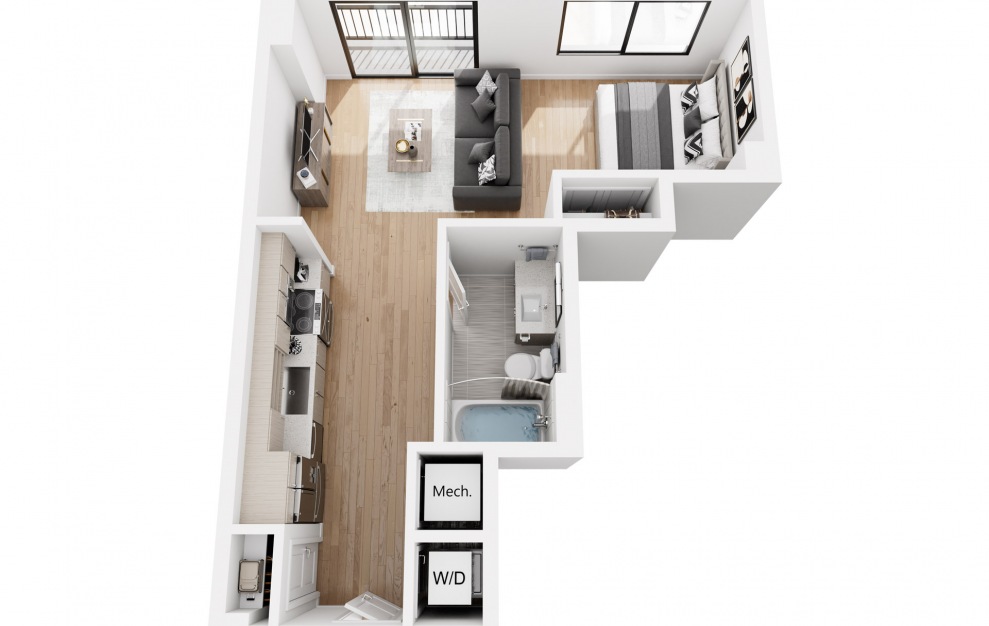ST 1 - Studio floorplan layout with 1 bath and 593 to 628 square feet.